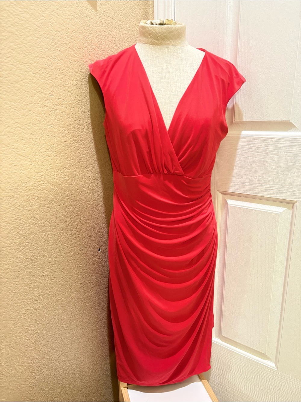 Lauren Ralph Lauren Coral Ruched Faux Wrap Sheath Dress Size 10
